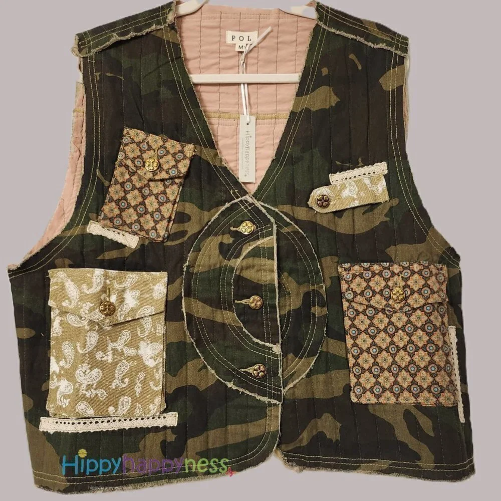 POL Clothing Camo Patchwork Vest Size SML NWT - Picture 1 of 8